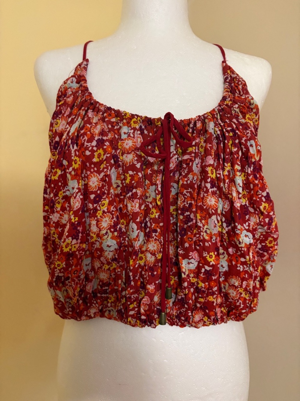 Free People Red Floral Tie- Front Cropped Camisole S